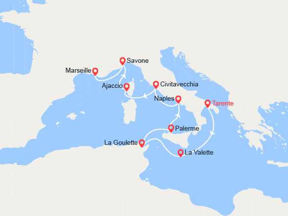 itin&eacute;raire croisi&egrave;re Méditerranée Occidentale : Malte, Italie, Corse, France 