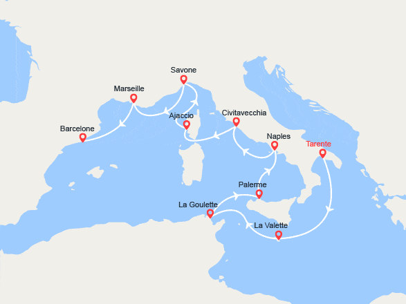 itinéraire croisière Méditerranée Occidentale : Malte, Italie, Corse, France, Espagne