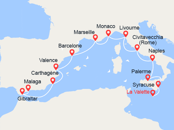itinéraire croisière Méditerranée : Malte, Sicile, Italie, France, Espagne