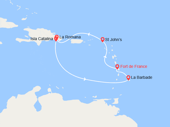 itinéraire croisière Caraïbes et Antilles : Martinique, Antigua-et-Barbuda, République Dominicaine, Barbade