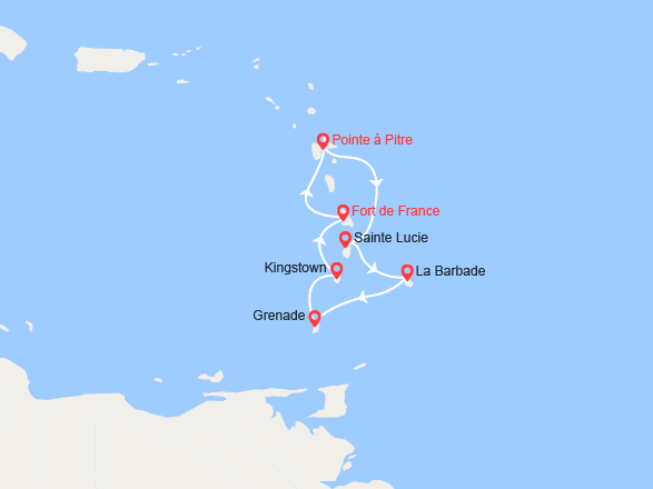 itin&eacute;raire croisi&egrave;re Caraïbes et Antilles : Martinique, Guadejoupe, Ste Lucie, Barbade, Grenadines, Grenade 