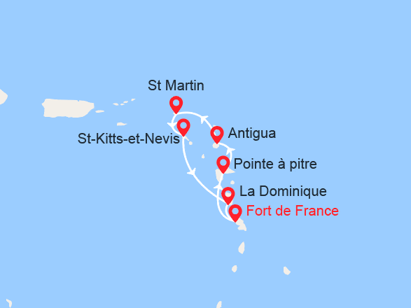 itin&eacute;raire croisi&egrave;re Caraïbes et Antilles : Martinique, Guadeloupe, Antigua, St Martin, St Kitts, Dominique 