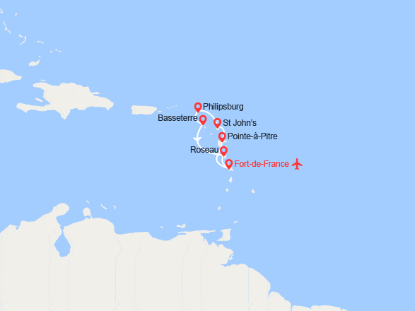 itin&eacute;raire croisi&egrave;re Caraïbes et Antilles : Martinique, Guadeloupe, Antigua, St Martin, St Kitts; Dominique - Vols inclus 