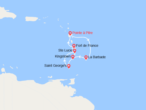 itin&eacute;raire croisi&egrave;re Caraïbes et Antilles : Martinique, Guadeloupe, Barbade, Grenadines, Grenade, Ste Lucie 