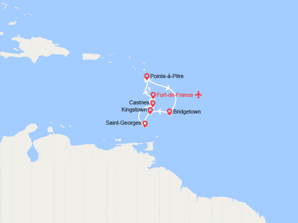 itin&eacute;raire croisi&egrave;re Caraïbes et Antilles : Martinique, Guadeloupe, Barbade, Saint-Vincent-et-les-Grenadines,Sainte-Lucie - Vols inclus 