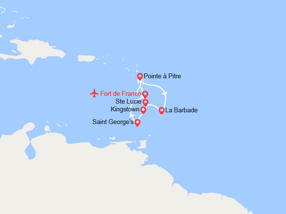 itin&eacute;raire croisi&egrave;re Caraïbes et Antilles : Martinique, Guadeloupe, Barbade, St-Lucie, St Vincent et les Grenadines, Grenade - Vols Inclus 