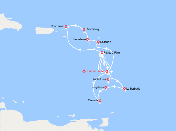 itinéraire croisière Caraïbes et Antilles : Martinique, Guadeloupe, Barbades, Grenadines, Ste Lucie, St Martin... - Vols inclus