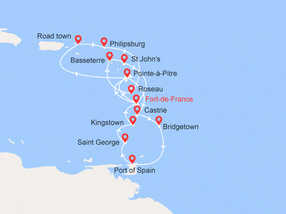 itinéraire croisière Caraïbes et Antilles : Martinique, Guadeloupe, Iles Vierges, St. Maarten, Dominica, Saint Kitts et Nevis, Antigua & Barbuda...