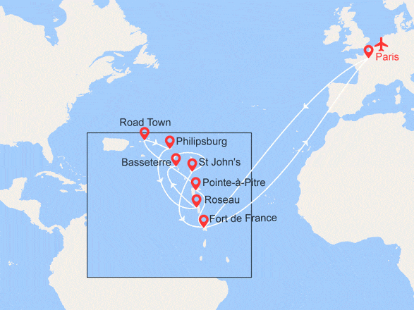 itinéraire croisière Caraïbes et Antilles : Martinique, Guadeloupe, Iles Vierges, St Martin, Dominique, St kitts et Nevis, Antigua et Barbuda