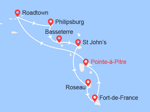 itinéraire croisière Caraïbes et Antilles : Martinique, Guadeloupe, Iles Vierges, St Martin, St Kitts, Antigua, Dominique