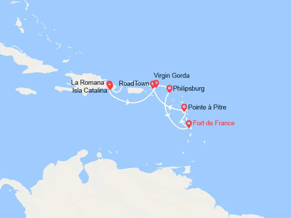 itinéraire croisière Caraïbes et Antilles : Martinique, Guadeloupe, Îles Vierges Britanniques, République Dominicaine