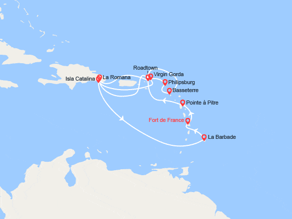 itin&eacute;raire croisi&egrave;re Caraïbes et Antilles : Martinique, Guadeloupe, Îles Vierges Britanniques, République Dominicaine,Saint-Martin.. 