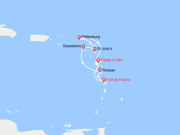 itin&eacute;raire croisi&egrave;re Caraïbes et Antilles : Martinique, Guadeloupe, St Martin, Antigua, St Kitts, Dominique 