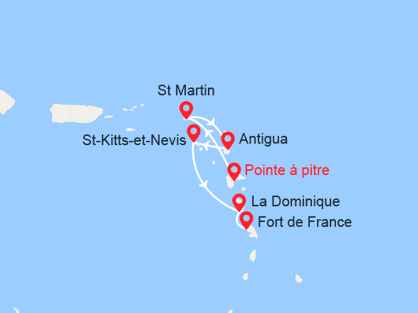 itin&eacute;raire croisi&egrave;re Caraïbes et Antilles : Martinique, Guadeloupe, St Martin, Antigua, St Kitts, Dominique 