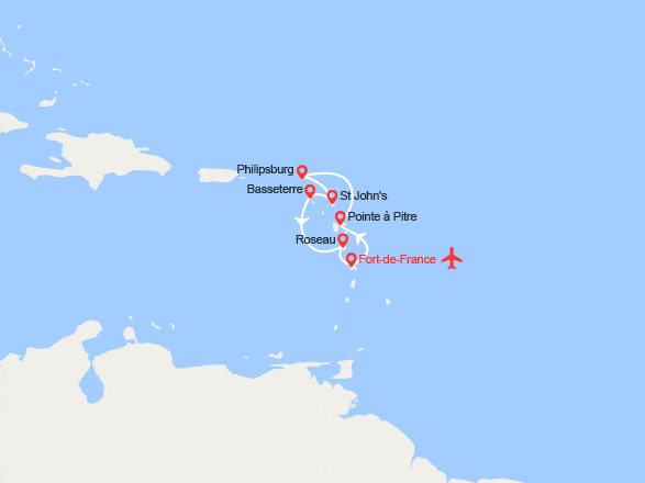 itin&eacute;raire croisi&egrave;re Caraïbes et Antilles : Martinique, Guadeloupe, St Martin, Antigua, St Kitts, Dominique - Vols inclus 