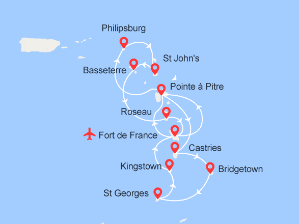 itinéraire croisière Caraïbes et Antilles : Martinique, Guadeloupe, St Martin, Antigua, St Kitts, St Lucie, Barbade, Grenade...