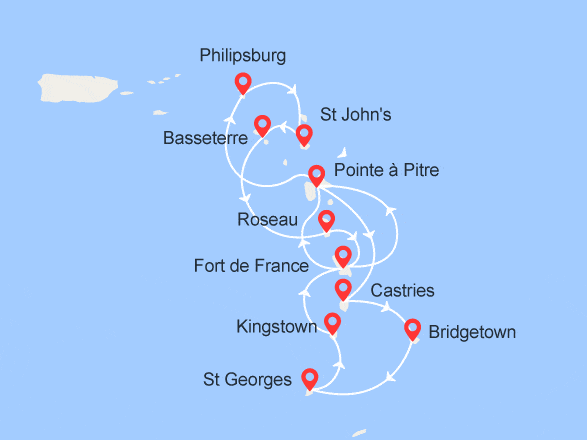 itinéraire croisière Caraïbes et Antilles : Martinique, Guadeloupe, St Martin, Antigua, Ste Lucie, Barbade...