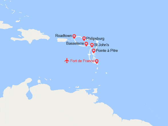 itin&eacute;raire croisi&egrave;re Caraïbes et Antilles : Martinique, Guadeloupe, St-Martin, Îles Vierges , St Kitts, Antigua - Vols Inclus 