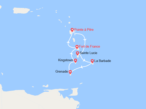 itin&eacute;raire croisi&egrave;re Caraïbes et Antilles : Martinique, Guadeloupe, Ste Lucie, Barbade, Grenade, Grenadines 