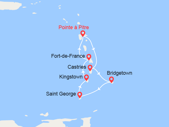 itinéraire croisière Caraïbes et Antilles : Martinique, Guadeloupe, Ste Lucie, Barbade, Grenade, St Vincent 