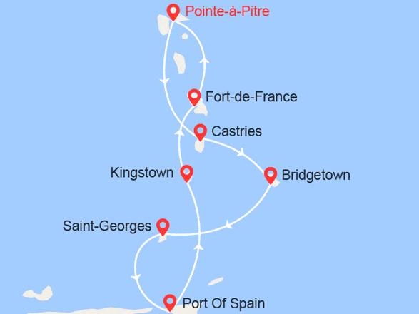 itinéraire croisière Caraïbes et Antilles : Martinique, Guadeloupe, Ste Lucie, Barbade, Grenade, Trinité, St Vincent