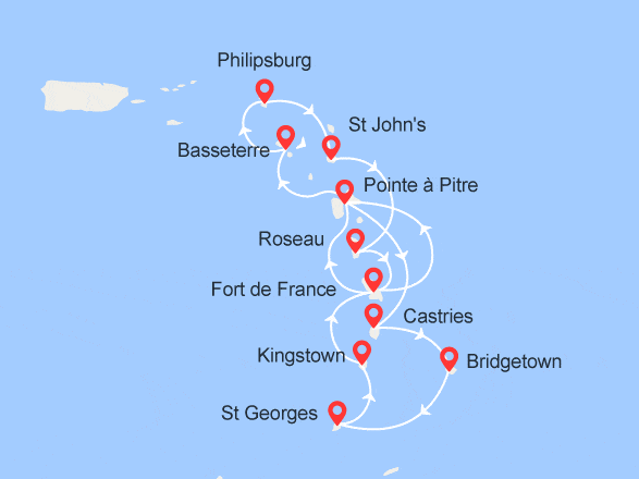 itinéraire croisière Caraïbes et Antilles : Martinique, Guadeloupe, Ste Lucie, Barbade, St Martin, Antigua...