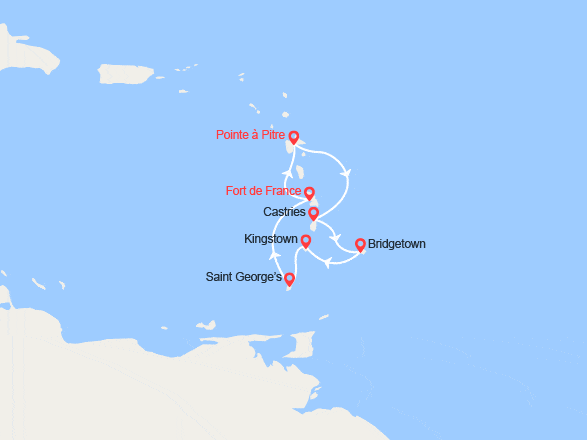 itinéraire croisière Caraïbes et Antilles : Martinique, Guadeloupe, Ste Lucie, Barbade, St Vincent, Grenade
