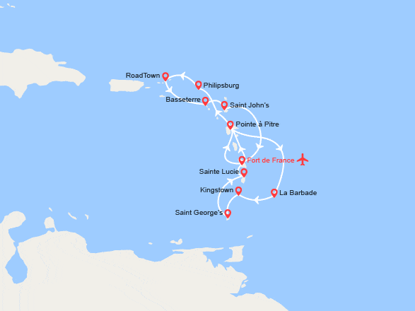 itinéraire croisière Caraïbes et Antilles : Martinique, Guadeloupe, Ste Lucie, Barbades, St Vincent et les Grenadines, Grenades... -| Vols inclus