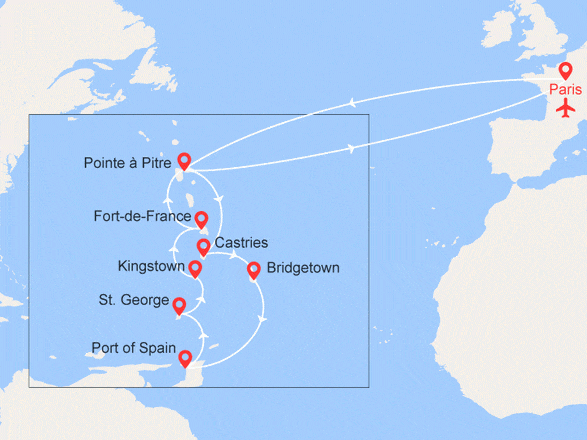 itinéraire croisière Caraïbes et Antilles : Martinique, Ste Lucie, Barbade, Trinité-et-Tobago... Départ Guadeloupe