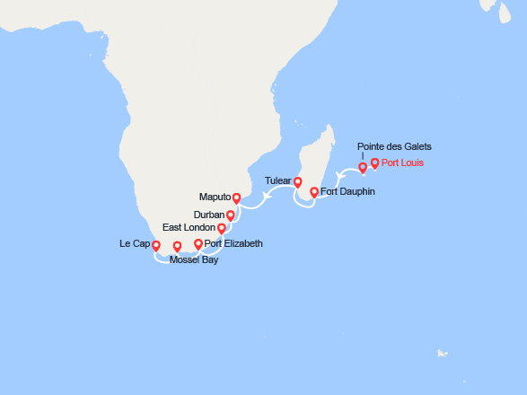 itin&eacute;raire croisi&egrave;re Afrique : Maurice, La Réunion, Madagascar, Mozambique, Afrique du Sud 