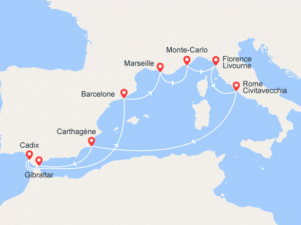 itinéraire croisière Méditerranée : Méditerranée : Espagne, Gibraltar, Côte d'Azur, Italie
