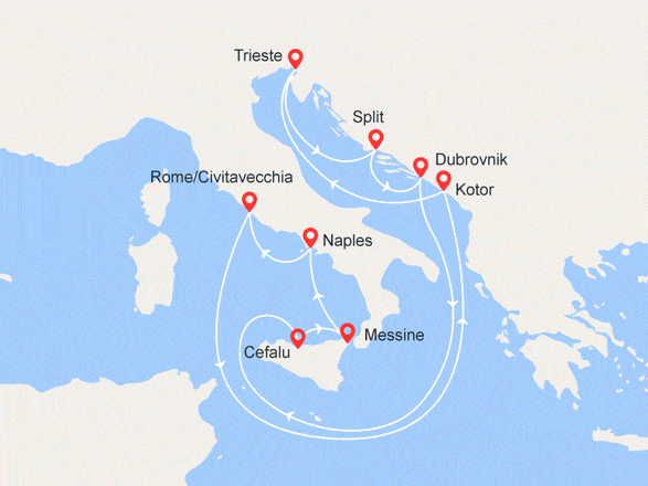 itinéraire croisière Croatie/Adriatique : Méditerranée : Monténégro, Croatie, Corfou, Sicile, Italie