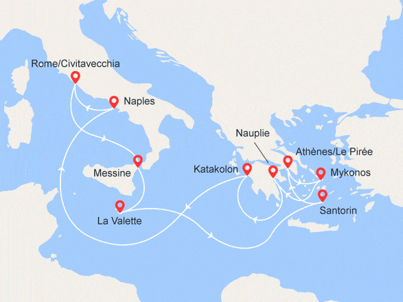 itinéraire croisière Iles grecques : Méditerranée : Sicile, Malte, Santorin, Mykonos,Grèce, Naple
