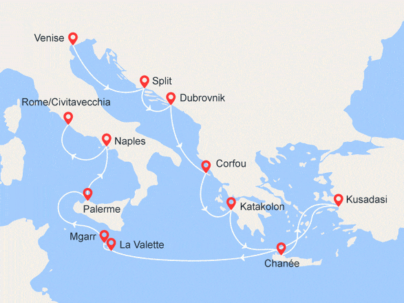 itinéraire croisière Croatie/Adriatique : Méditerranée : Venise, Coratie, Turquie, Malte, Sicile, Italie