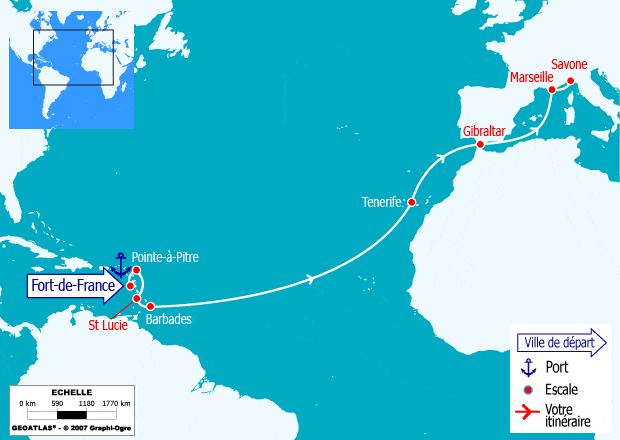 itinéraire croisière Transatlantique : Mer des Caraïbes : de Fort-de-France à Marseille