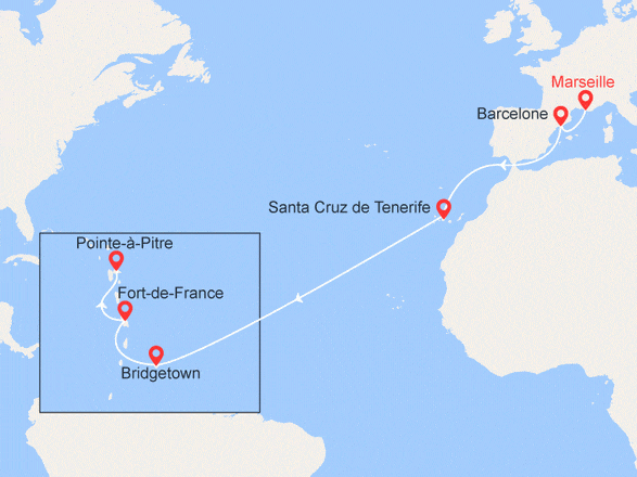 itinéraire croisière Transatlantique : Mer des Caraïbes : de Marseille à Pointe-à-Pitre