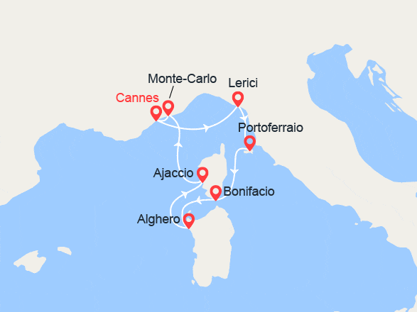 itinéraire croisière Méditerranée : Mer Ligurienne : Côte Azur, Elbe, Corse, Sardaigne