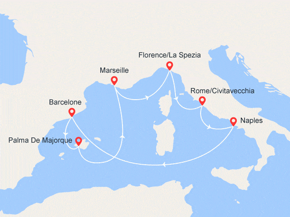 itinéraire croisière Méditerranée : Merveilles de la Méditerranée : Espagne, France, Italie