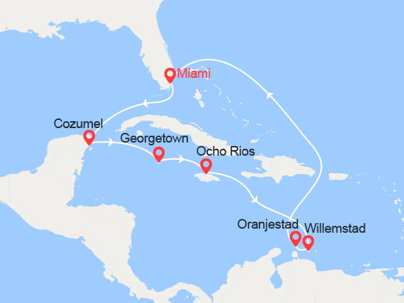 itinéraire croisière Caraïbes et Antilles : Mexique, Caïmans, Jamaïque, Curaçao, Aruba