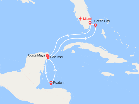 itinéraire croisière Caraïbes et Antilles : Mexique, Honduras, Bahamas - Vols + 2 nuits en hôtel inclus