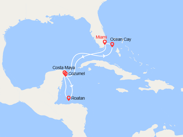 itinéraire croisière Caraïbes et Antilles : Mexique, île de Roatan, Costa Maya, Ocean Cay 