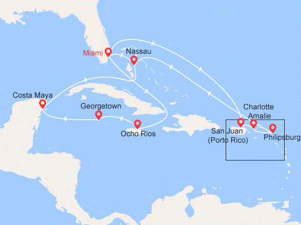 itinéraire croisière Caraïbes et Antilles : Mexique, Iles Caïman, Jamaïque, Bahamas, Porto Rico, Iles Vierges