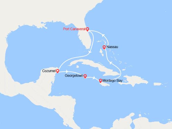 itinéraire croisière Caraïbes et Antilles : Mexique, îles Caïmans, Jamaïque, Bahamas