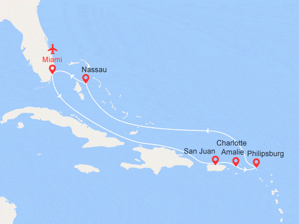 itinéraire croisière Caraïbes et Antilles : Miami, Porto Rico, Iles Vierges, St. Martin, Bahamas.