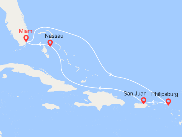 itinéraire croisière Caraïbes et Antilles : Miami, St Maarten, Porto Rico, Bahamas