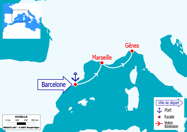 itinéraire croisière Méditerranée : Minicroisière : Espagne, France, Italie