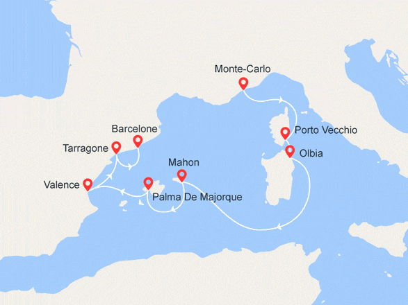 itinéraire croisière Iles Baléares : Monaco, Corse, Sardaigne, Majorque, Barcelone...