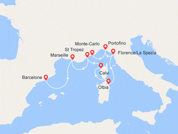 itinéraire croisière Méditerranée : Monte-Carlo/Barcelone : Portofino, Florence, Sardaigne, Corse, St Tropez... VOL OFFERT