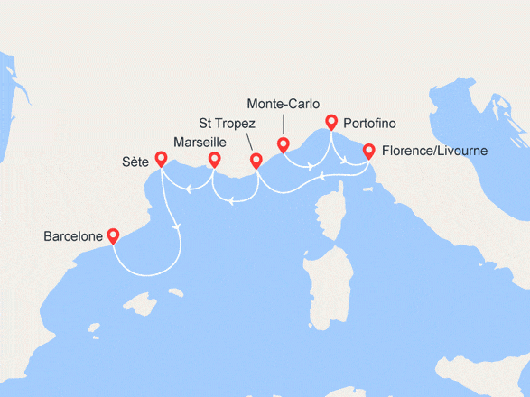 itinéraire croisière Méditerranée : Monte-Carlo/Barcelone : Portofino, St Tropez, Marseille, Sète... VOL OFFERT