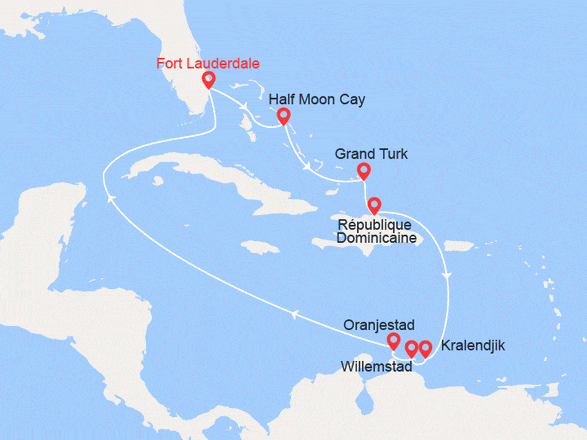 itinéraire croisière Caraïbes et Antilles : Noël aux Caraïbes : Bahamas, Rép Dominicaine, Bonaire, Curaçao, Aruba...